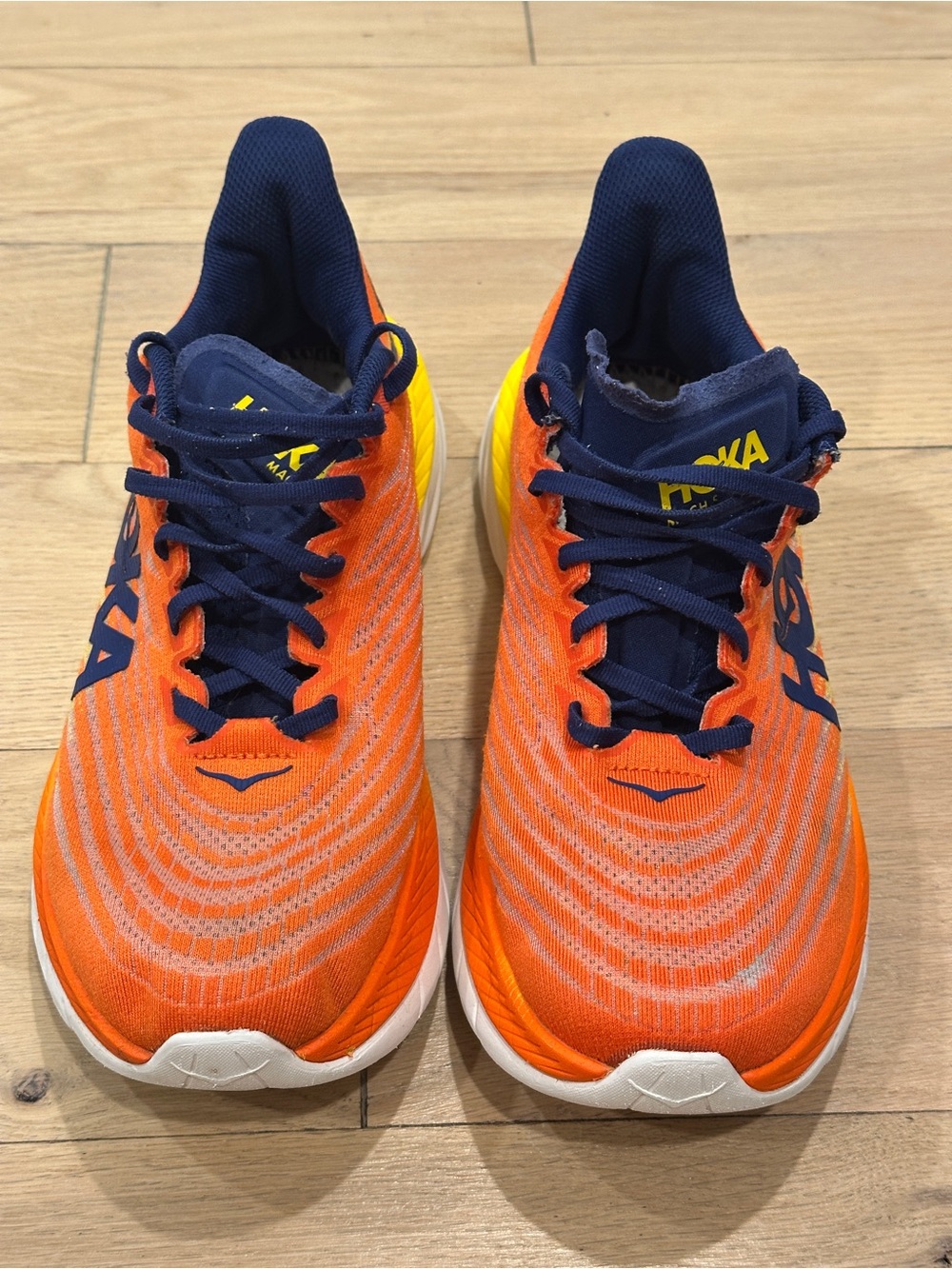Hoka Mach 5 Orange and Navy Athletic Sneakers 9.5